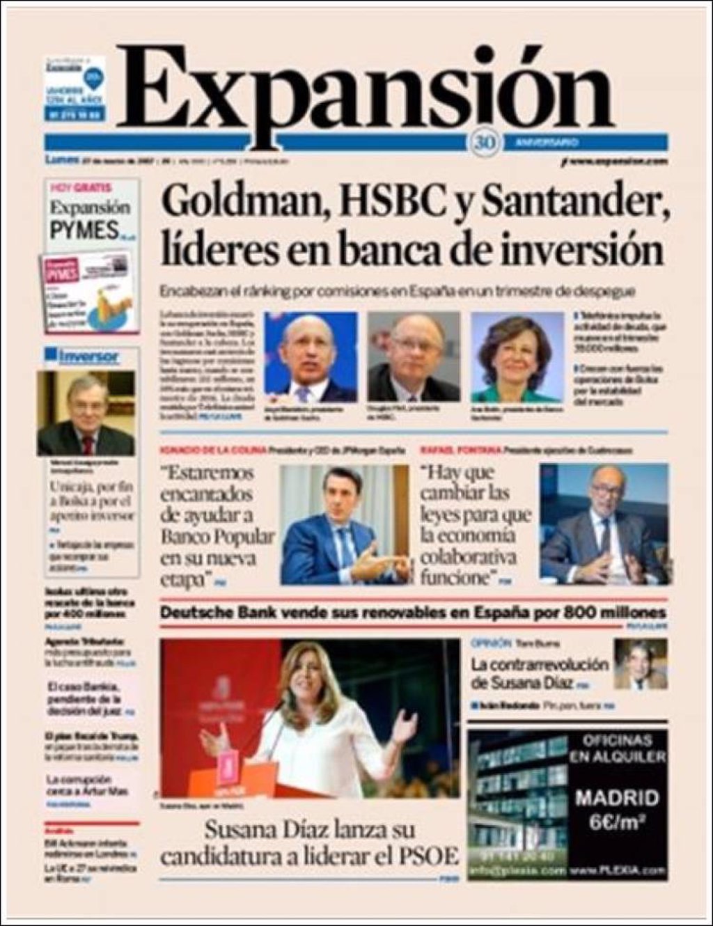 Las portadas de los periódicos económicos de hoy lunes 27 de marzo