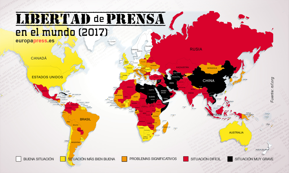 Mapa de Reporteros Sin Frontera sobre la libertad de prensa