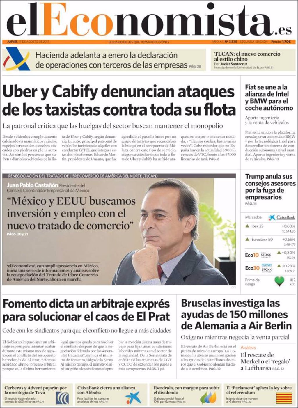 Las portadas de los periódicos económicos de hoy jueves 17 de agosto