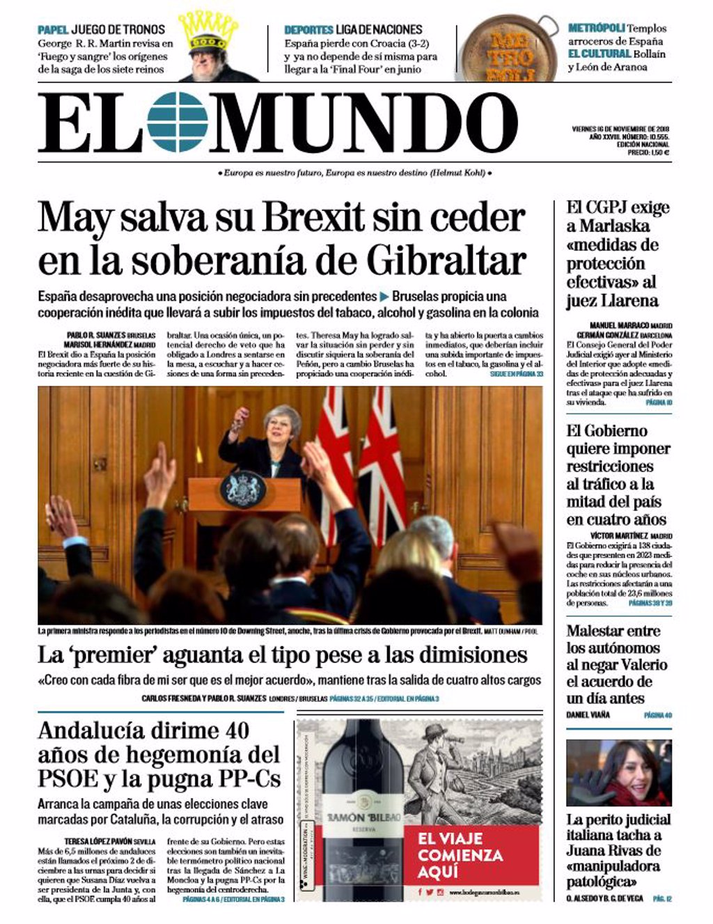 Las portadas de los periódicos del viernes 16 de noviembre del 2018