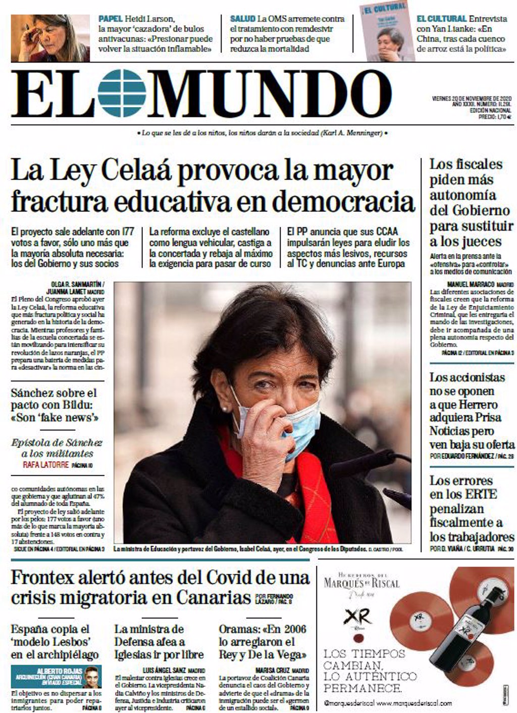 Las portadas de los periódicos del viernes 20 de noviembre