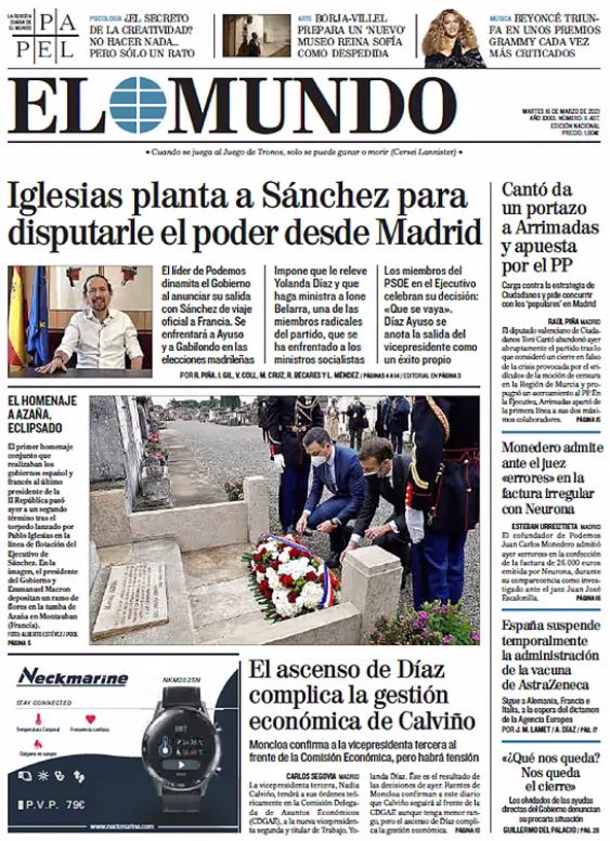 Las portadas de los periódicos del martes 16 de marzo de 2021