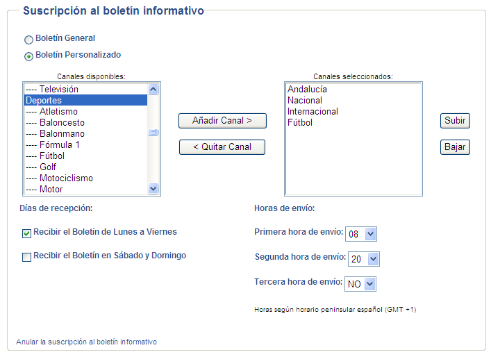 Imagen de la página de configuración del boletín