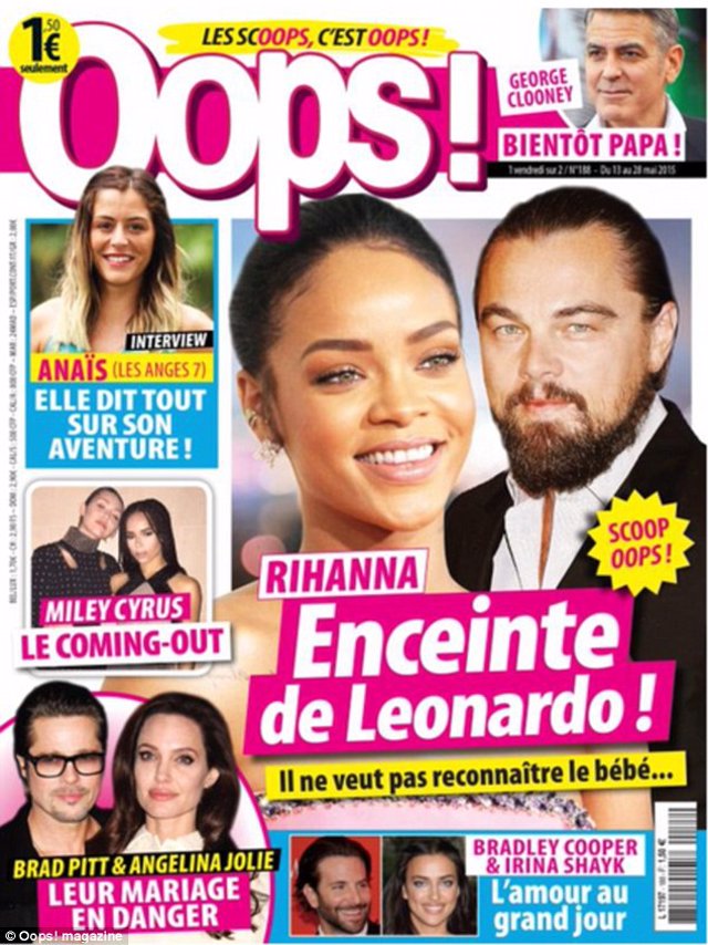 Portada de la revista francesa Oops! donde aparece publicado que Leonardo DiCarpio podía haber dejado embarazada a Rihanna