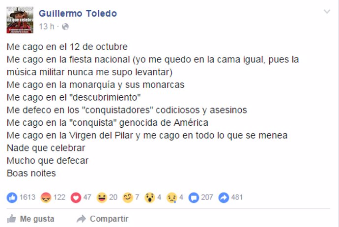 Captura del Facebook de Willy Toledo