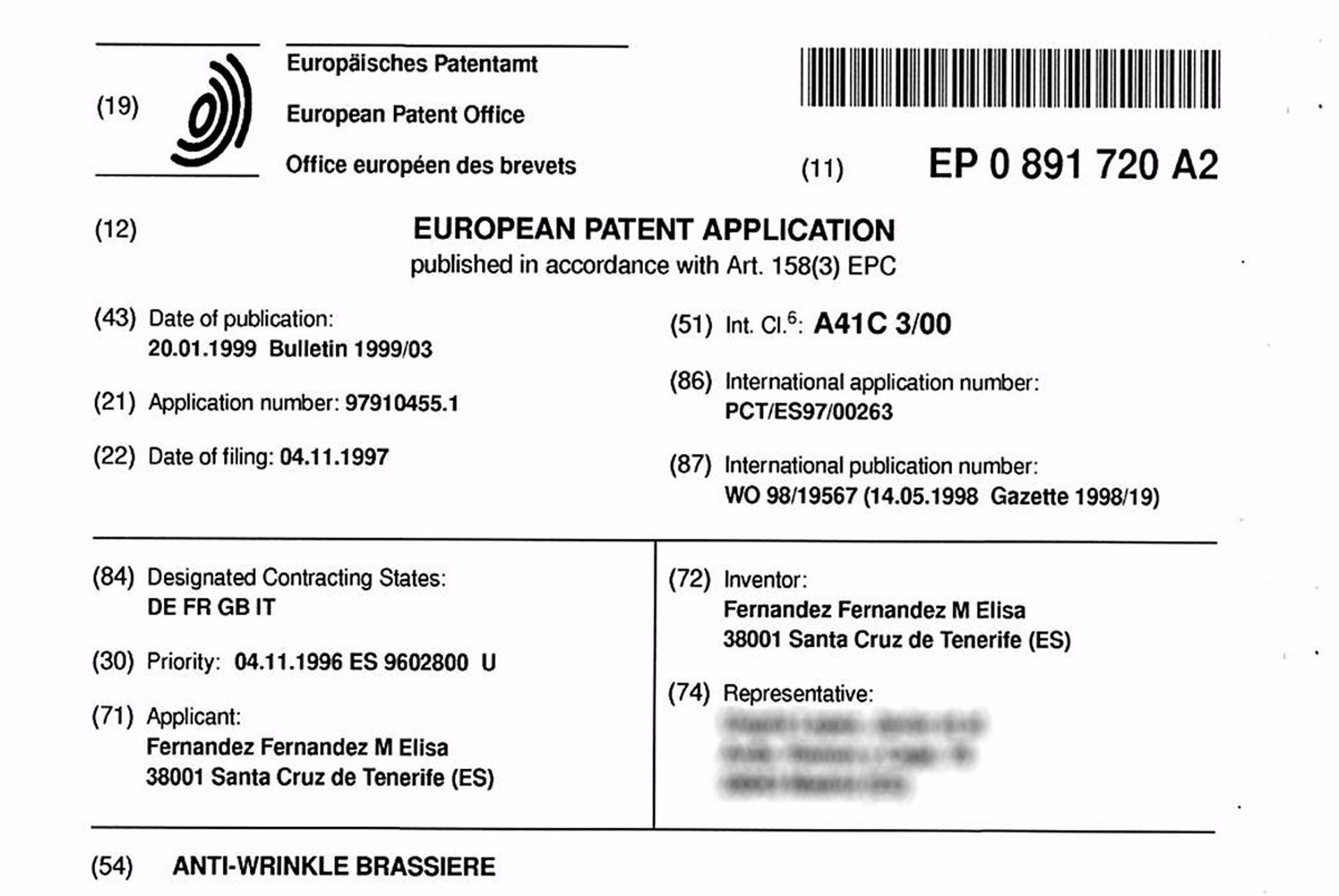 night bra patente europea 1996