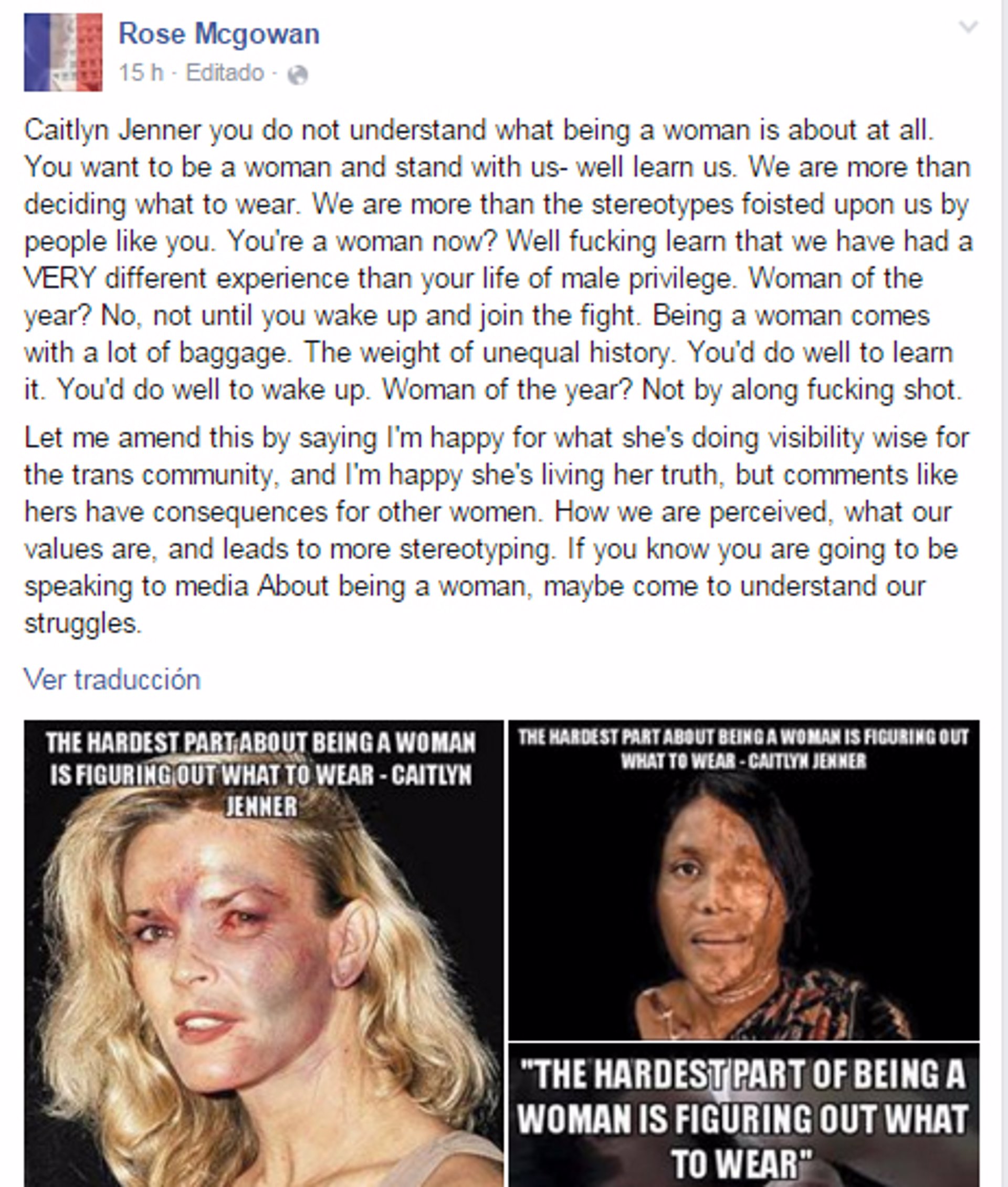 facebook de rose mcgowan arremetiendo contra caitlyn jenner