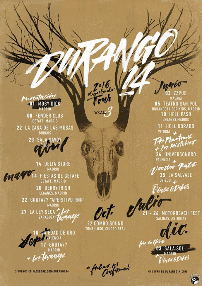 Cartel de la gira de conciertos en España de Durango 14 y su disco Vol. 3. El quinteto madrileño estará por españa en junio de 2016