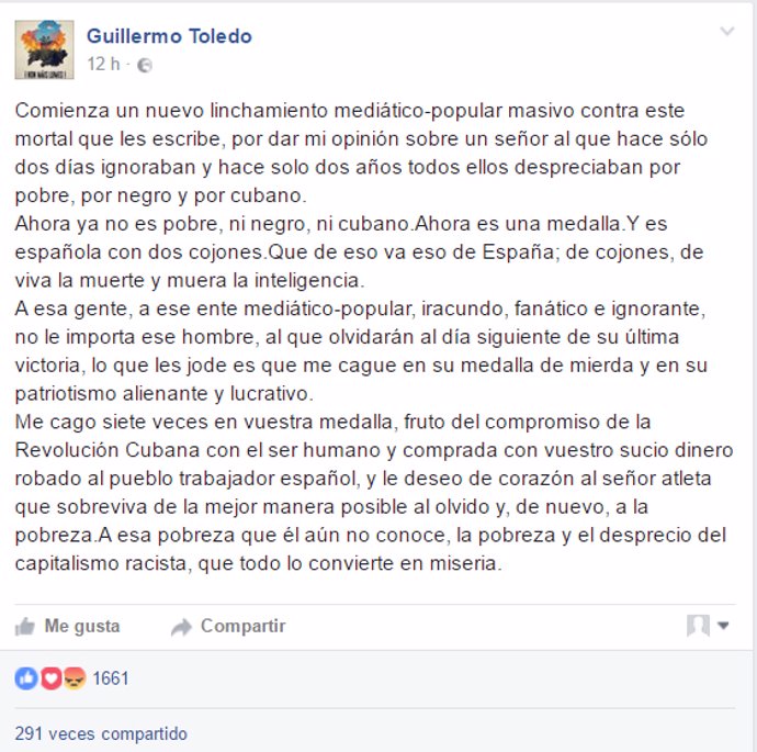 publicación en facebook de willy toledo