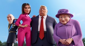 Reina Isabel II, Melania y Trump y el duque de Edimburgo, en dibujos animados