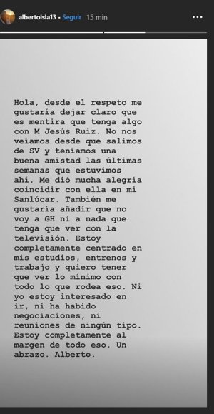 Captura del Instagram albertoisla13  de Alberto Isla desmintiendo su relación con María Jesús Ruiz y su participación en GH VIP'