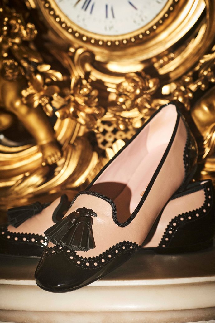 mocasín, mule en rosa y negro muy elgante de prettyballerinas