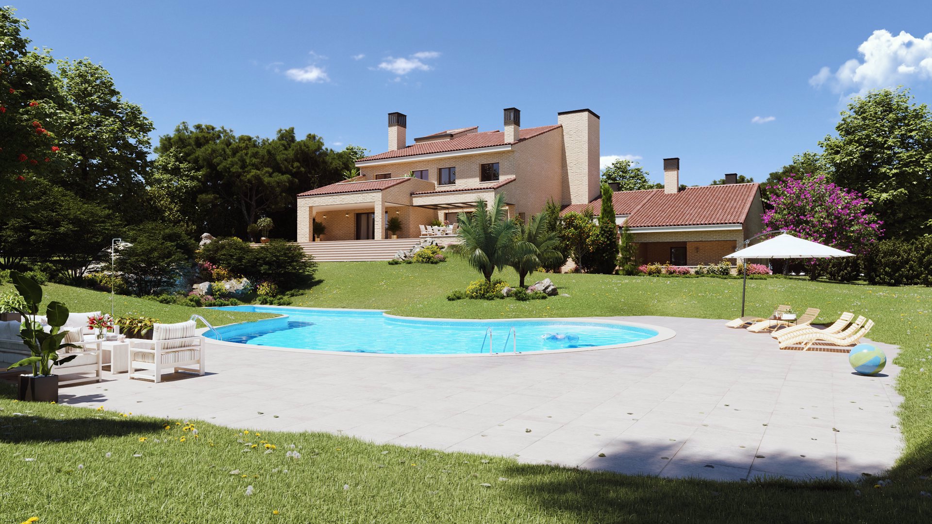 La casa cuenta con piscina, enorme jardín y casa de invitados