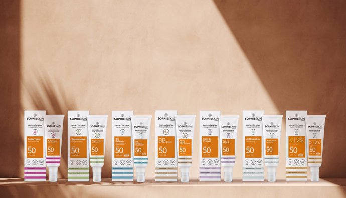 Bodegón siete productos de protección de Sophieskin