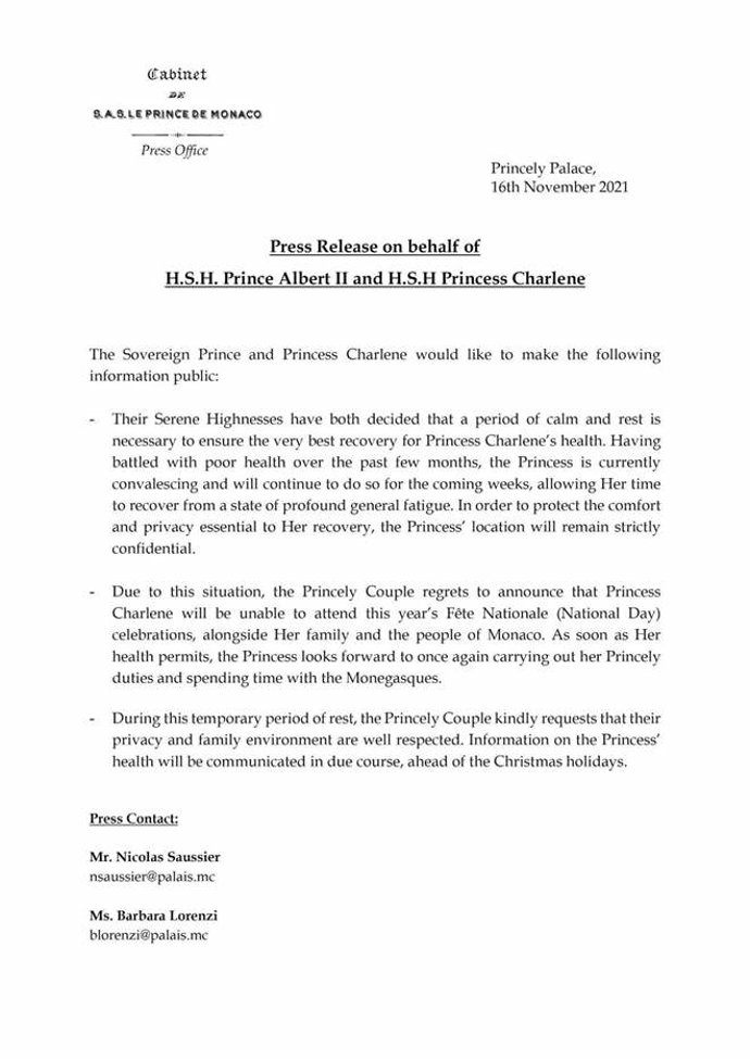 Comunicado hecho público por el Principado de Mónaco
