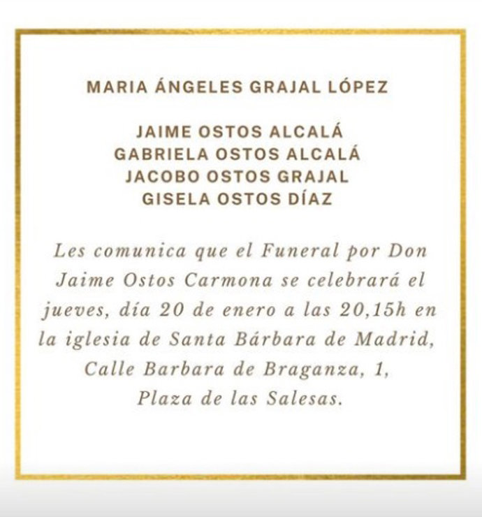 La familia de Jaime Ostos ha anunciado con este sencillo mensaje la fecha de su funeral
