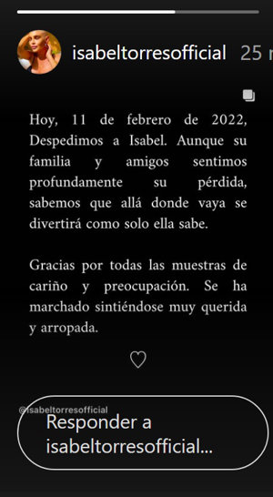 La familia de Isabel Torres ha anunciado su fallecimiento a través de su cuenta de Instagram