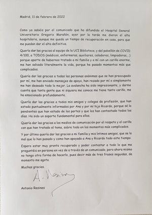 Carta enviada por Antonio Resines a los medios