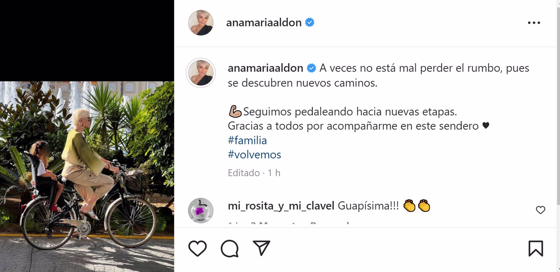 Mensaje que Ana María Aldón ha publicado en Instagram