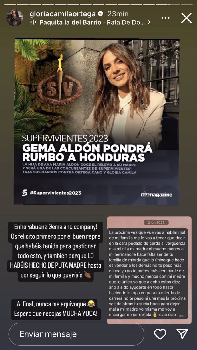 Gloria Camila estalla contra Gema Aldón