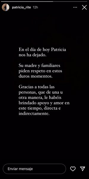 La familia de Patricia Rite ha comunicado su fallecimiento a través de Instagram