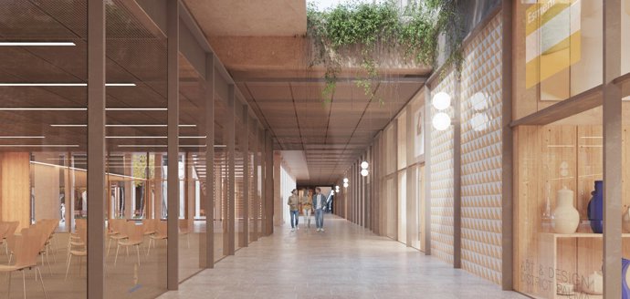 Galería interior con la iluminación de los patios de la plaza Mayor.