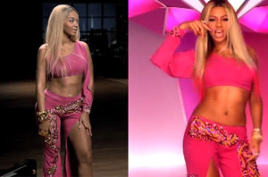 Beyoncé cuando estaba en el grupo Destiny's Child,  con el look del vídeo Bootylicious