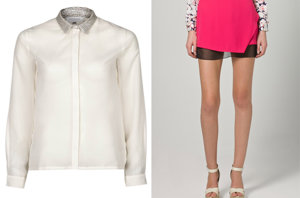www.zalando.es:look camisa blanca con cuello bordado 29,95 y falda rosa neón con bordado negro 39,95