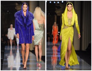 Atelier Versace regresa a los 80 con capuchas en vestidos y abrigos de piel de ala ancha