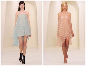 Un juego de volúmenes es lo que ha hecho Raf Simons en su cuarta colección para Christian Dior. Combina la asimetría de largos en vestidos cortos en tonos suaves.