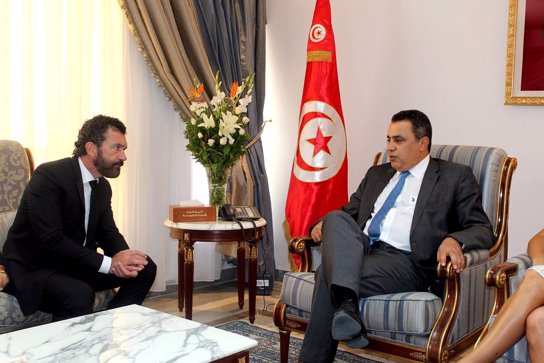 Antonio Bandera con el presidente de Túnez y Nicole Kimpel