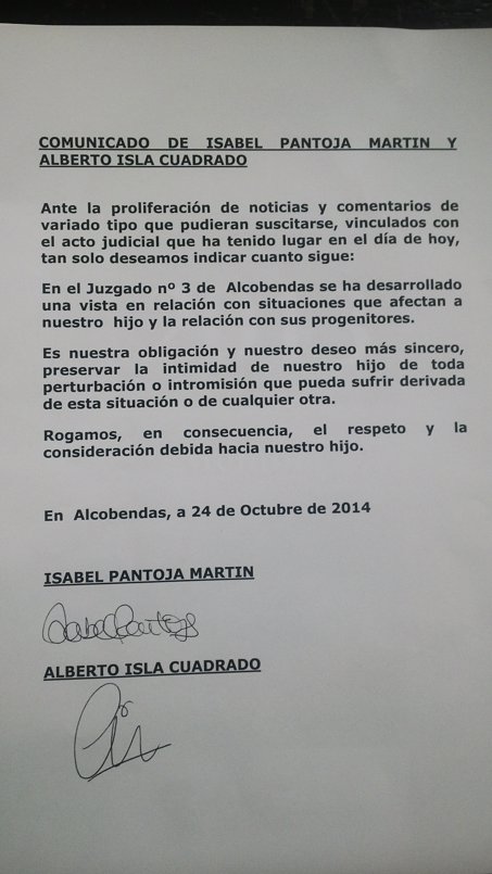 Chabelita y Alberto Isla firman un comunicado por su hijo
