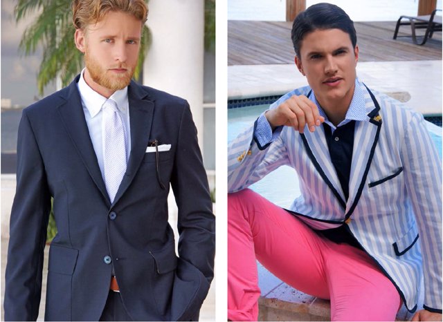 Looks de hombres o con trajes de líneas entalladas muy elegantes y hombres que se atreven con todos los colares. Chaqueta de rayas en azul claro y blanco y pantalones rosas