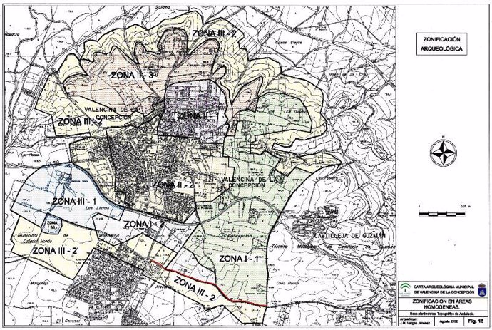 Carta Arqueológica de Valencina con el trazado en rojo.