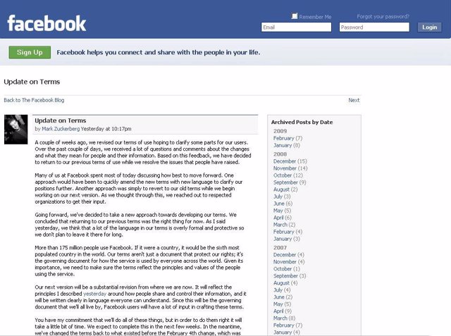 Carta de Facebook modificando términos de uso