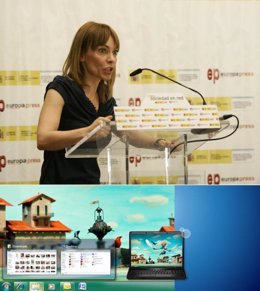 La presidenta de Microsoft Ibérica, María Garaña, y un montaje de Windows 7