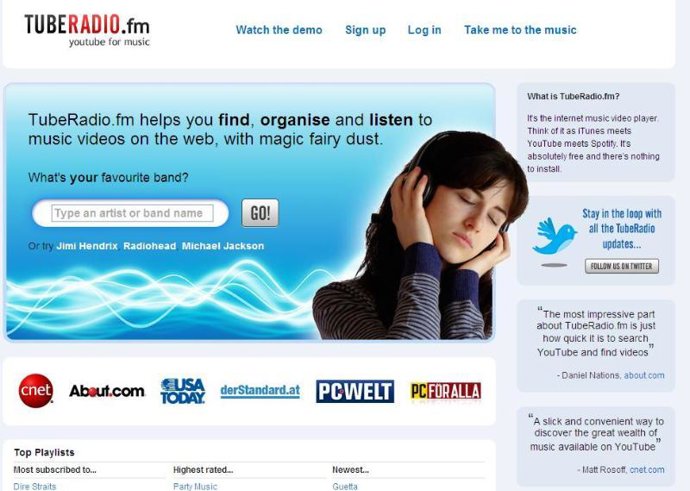 Pantalla de la web de TubeRadio.fm