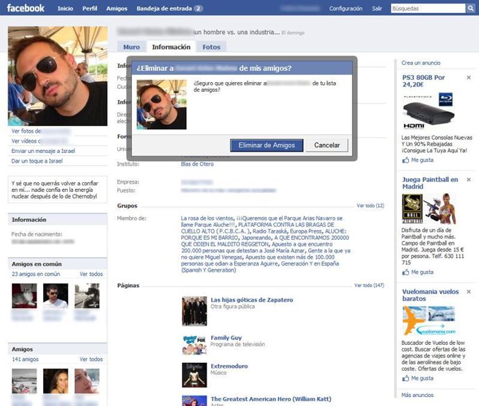 Pantalla de eliminar un contacto en Facebook