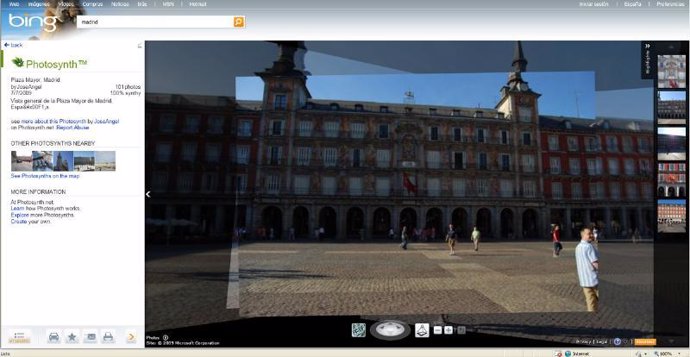 Pantalla de Bing Maps con la Plaza Mayor de Madrid mediante Photosynth