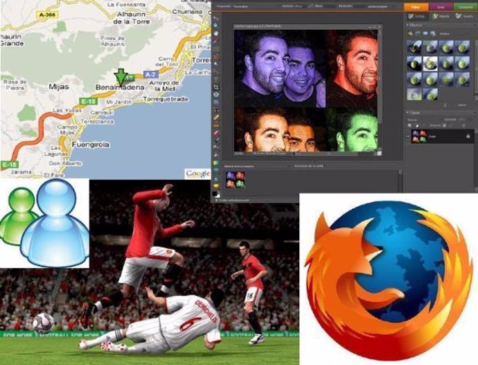 Montaje con los programas Firefox, Messenger, Photoshop y Google Earth móvil