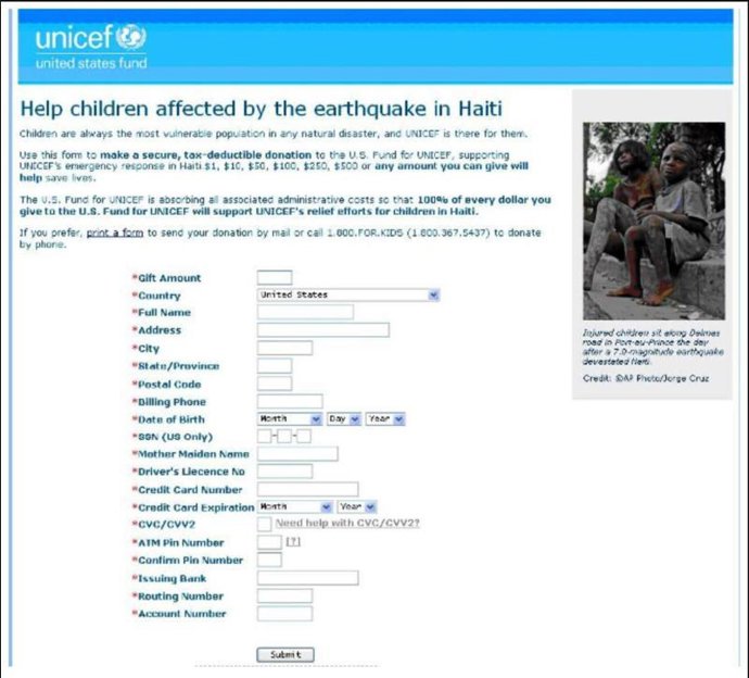 Página de phishing que se hacía pasar por una página de donaciones de Unicef
