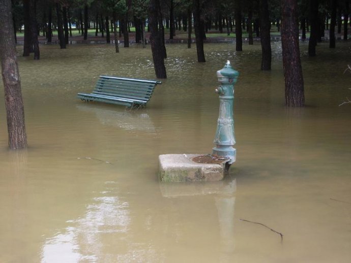 Un banco y una fuente, en una superficie anegada