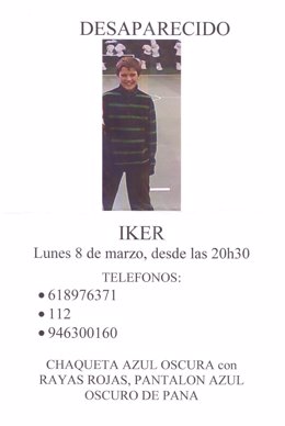 Cartel Que Distribuye La Familia De Iker, Desaparecido En Amorebieta (Vizcaya)