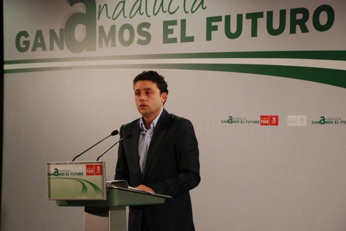 El secretario de Organización del PSOE-A durante la rueda de prensa en Fibes par