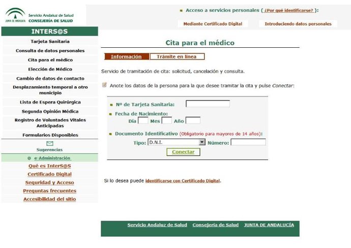 Portal de la Junta de Andalucía para pedir cita con el médico.