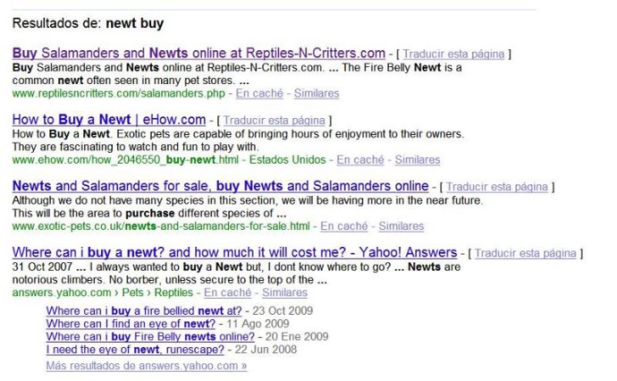 Resultados de búsquedas de 'compra de tritón' en Google.