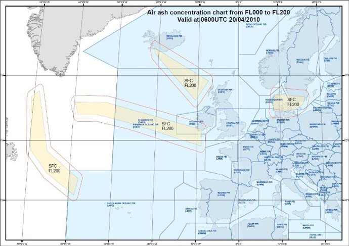 Plano de la situación de la nube de ceniza volcánica facilitado por AENA