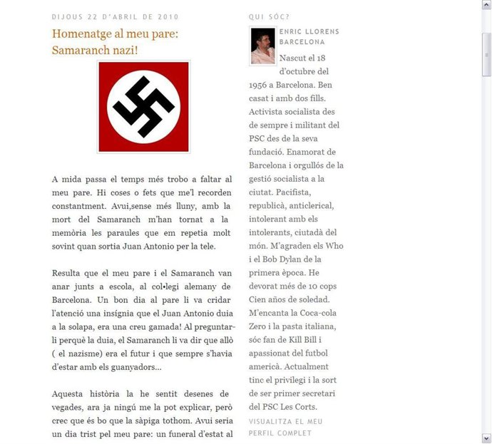 Blog De Enric Llorens, En El Que Llama A Samaranch "Nazi"