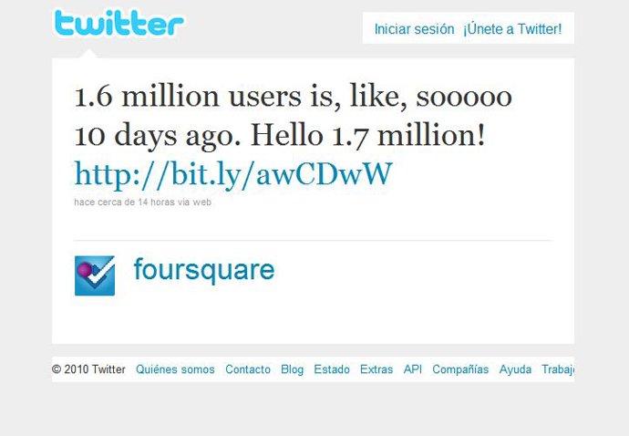 Twitter de Foursquare en el que anuncia que alcanza los 1,7 millones de usuarios