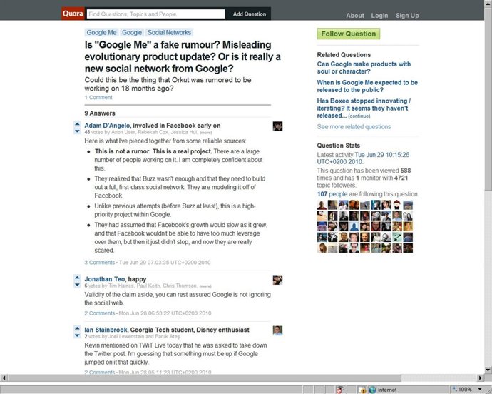 Respuesta de Adam D'Angelo sobre 'Google Me' en 'Quora'.